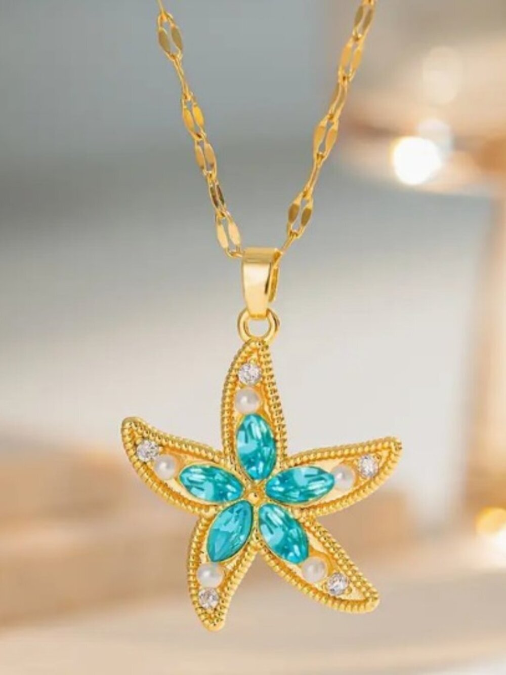 Starfish Pendant Necklace Blue &18K Gold Plated Metal Dainty Chain Summer Bling